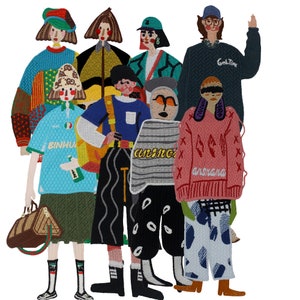 Könnte beinhalten: Eine Gruppe von acht gestickten Figuren, die bunte Kleidung tragen. Die Figuren sind alle unterschiedlich groß und haben unterschiedliche Frisuren. Die Figuren tragen alle unterschiedliche Kleidung, darunter ein blau-weiß gestreiftes Hemd, einen rosa Pullover, einen grünen Pullover, einen blauen Pullover, ein rot-weiß gestreiftes Hemd, ein blau-weiß gestreiftes Hemd, ein grün-weiß gestreiftes Hemd und ein rot-weiß gestreiftes Hemd. Die Figuren stehen alle auf einem weißen Hintergrund.