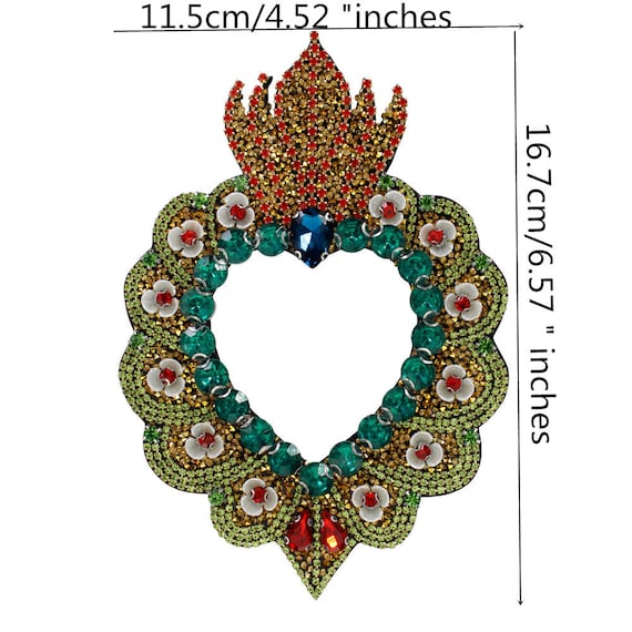 EMDOMO Beaded Milagro Heart Patches Flaming Sacred Heart Applique Mexican Folk Art Applique Decor Clothes Badges Sew On Patches Handmade DIY 2pieces (N