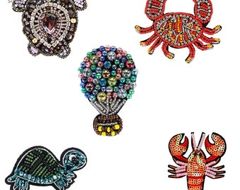 Sea Fishes Turtle Crab Lobster Craft Badges Bead Crystal Sequin Patches Decorative Applique 5 pieces