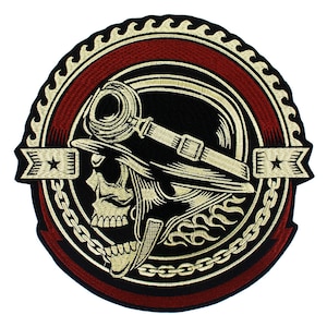 Embroidery Gear Skull Patches Motif Applique Iron on Stickers for Jacket Back Punk Bike Badges