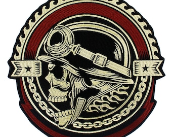 Embroidery Gear Skull Patches Motif Applique Iron on Stickers for Jacket Back Punk Bike Badges