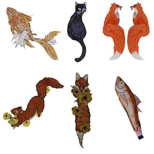 May include: Set of seven embroidered iron-on patches featuring a black cat, two orange foxes, a squirrel, a fox with flowers, a goldfish, and a red fish.