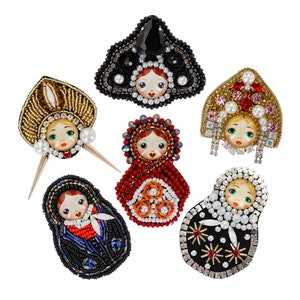 Russian Doll Matryshka Embroidery Beaded Handmade Brooch , Crystals Face Patch , Mom Best Present