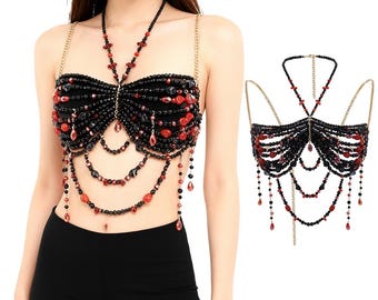 Gothic Black Beaded Body Chain Handmade with Blood Red Accents Dark Academia Harness  Vampire Festival Jewelry  Edgy Belly Chain