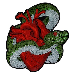 Pode incluir: Uma cobra verde enrolada em torno de um coração anatômico vermelho. A cobra tem um olho vermelho e está enrolada em torno do coração.