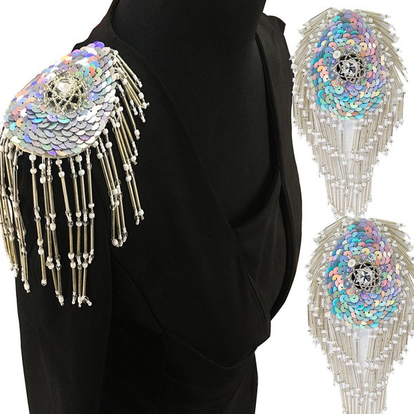 Sequin Tassel Fringe Epaulettes Shoulder Patches Tassel Rhinestone Brooches Pin for Women Suit Blazers 2pieces