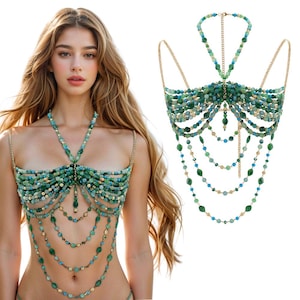 Handcrafted Beads Body Chain Party Mermaid Body Jewelry, Body Chain Bra Top Bikini Jewelry, Bohemian Festival Jewelry Rave Costume Gift