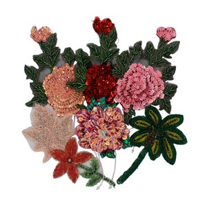 Craft Beaded Flower Patches Sequin Flower Badge Rhinestones Applique Maple Patch Sew On Handmade Clothing Decoration 1 piece