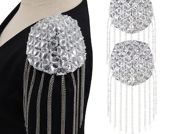 Rhinestones Epaulettes Tassel Fringe Shoulder Patches Suit Epauletter Blazer Badge DIY Brooches Pin Back for Personalized Clothing 2 Pieces