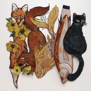 魚のパッチ 黒猫 生地パッチ 刺繍 アップリケ 縫い付けエンブレム ジャックカラー ネクタイ装飾用