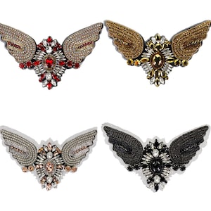 Handmade Beaded Crystal Heart Wings Patches Sew on Rhinestones Applique Bullion Badges Indian Wire  Craft 2 pieces
