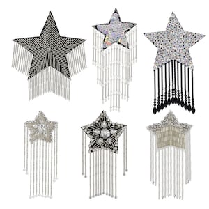 May include: Six star-shaped patches with beaded fringe. The stars are decorated with sequins, rhinestones, and beads. The fringe is silver or black.