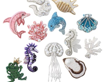 Assortimento di toppe con perline del mondo sottomarino, varie toppe da cucire con creature marine, decorazioni nautiche fai da te, abbellimenti per abbigliamento