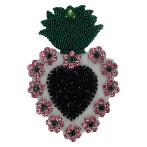 Beaded Sacred Heart Patches Flaming Heart Applique Sew on Crystal Mexican Milagros Folk Heart Patches Decorated Bags Clothes 1 piece