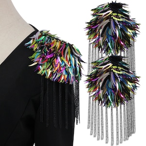 Sequin Epaulettes Tassel Fringe Shoulder Patches Suit Epauletter Blazer Badge Pin Back for Novelty Stage Outfit 2 Pieces