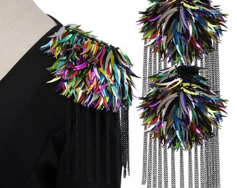 Sequin Epaulettes Tassel Fringe Shoulder Patches Suit Epauletter Blazer Badge Pin Back for Novelty Stage Outfit 2 Pieces