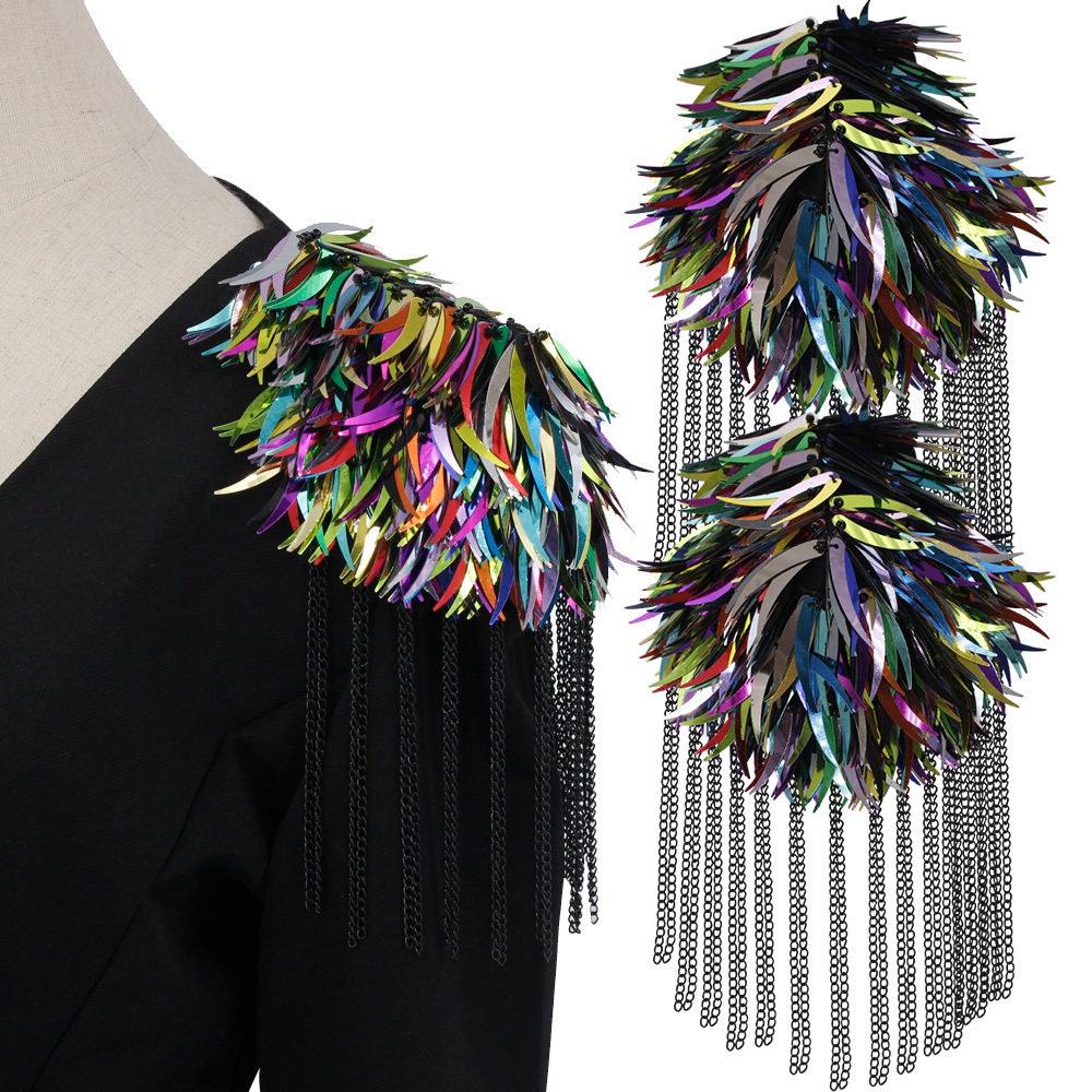 Sequin Epaulettes Tassel Fringe Shoulder Patches Suit Epauletter Blazer Badge Pin Back for Novelty Stage Outfit 2 Pieces
