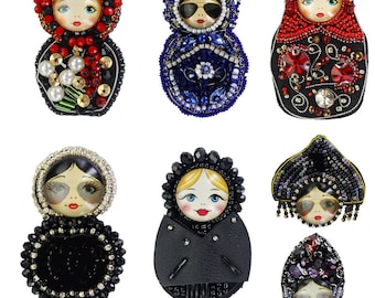 Handmde Beaded Russian Doll Patches Crystal Motifs Applique Sew on Decorative Badges