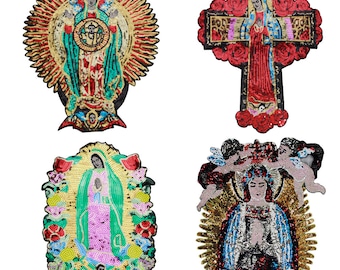 Large Sequin Lady of Guadalupe Patches Virgin Mary Applique Fabric Embroidery Brand Back Patches for Jacket Fashion Sewing 1piece