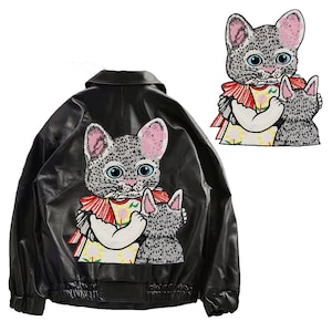 Lentejuelas Dibujos Animados Gato Bordado Parches Coser en Applique Chaqueta chaqueta con cuentas insignias decoración