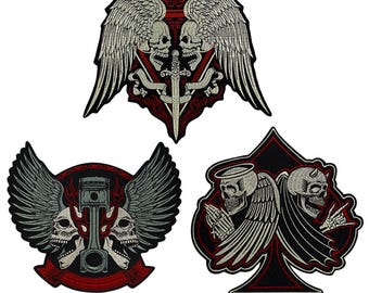 Large Embroidery Skull Wings Sword Patches Iron on Motorcycle Biker Badge Vest Jacket Back Applique