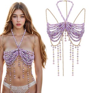Handmade Boho Crystal Bra Top - Violet Beaded Festival Wear Bra Jewelry Chain Beach Cover Up,  Body Chain Bohemian Swimwear Gift for Her