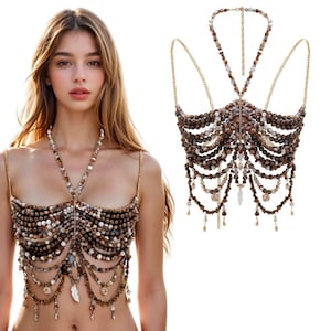 Handmade Crystal Body Chain Mermaid Bra Top Rhinestone Beads Bikini Body Jewelry Faux Pearl Halter Top for Party Outfit Festive Rave Costume