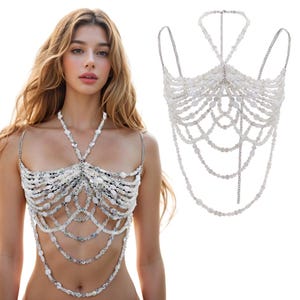 Handmade Boho Crystal Bra Top - White Beaded Festival Wear Bra Jewelry Chain Beach Cover Up,  Body Chain Bohemian Swimwear Gift for Her