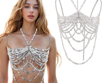 Handmade Boho Crystal Bra Top - White Beaded Festival Wear Bra Jewelry Chain Beach Cover Up,  Body Chain Bohemian Swimwear Gift for Her