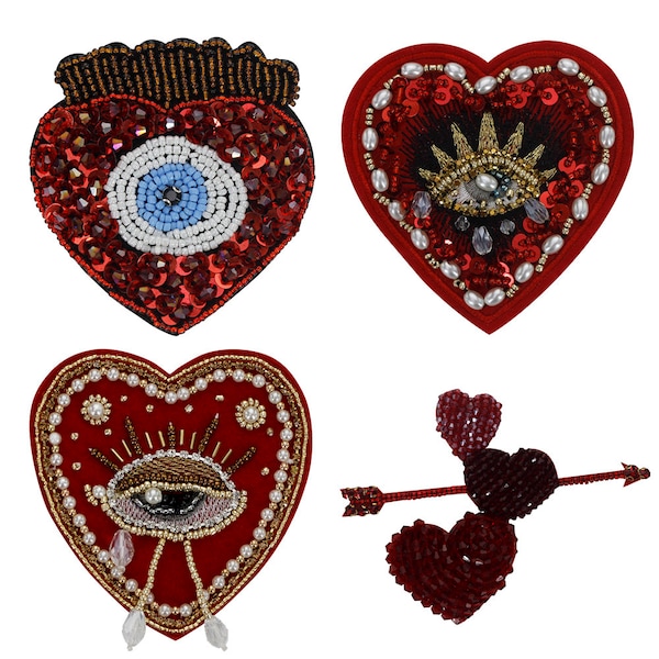 Beaded Milagro Heart Patches Sacred Heart Applique Evil Eyes Patches Mexican Folk Art Applique Decor Clothes Badges Sew on Lucky Patches