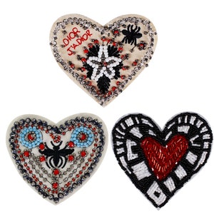 Milagro Heart Beaded Patches Bee Embroidered Applique Sacred Heart Punched Tin Art Mexican Folk Handwork Pacth 1piece