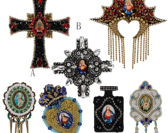 Cross Patches Lady of Guadalup Applique Mexican Fork Art Patches Jesus Patches Flaming Milagro Heart Applique Sew on