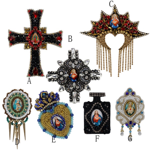 Cross Patches Lady of Guadalup Applique Mexican Fork Art Patches Jesus Patches Flaming Milagro Heart Applique Sew on