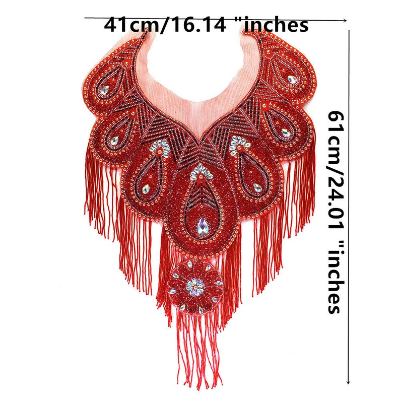 Long Beading Fringe Tassel Rhinestones Collar Crystal Rhinestones Applique Handmade Patches Bodice 1 piece