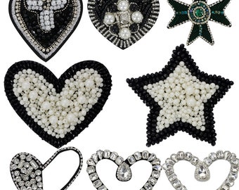 Beaded Rhinestones Heart Applique Pearl Star Patches Beaded Cross Patches Flaming Milagro Heart Applique Sew on for DIY Gift 1 piece