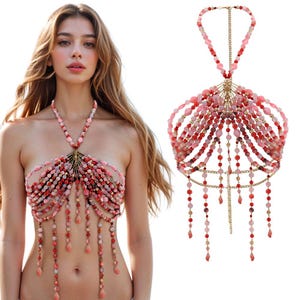Handcrafted Red Beads Body Chain Party Mermaid Body Jewelry, Body Chain Bra,Bikini Jewelry, Bohemian Festival Jewelry Rave Costume Gift