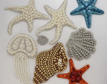 HandSewn Large Beaded Ocean Patches  Conch Pearl Jellyfish Scallop Starfish Coastal Home Decor  Clothing Appliqués