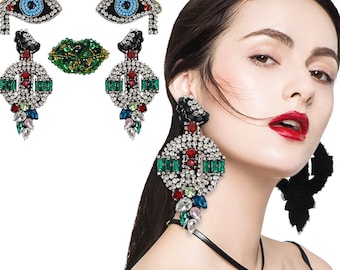 Eyes Pair Patches Mouth Rhinestones Patches Beaded Crystal  Sword Patches Sew on Brooches Applique 1 set/ 5 pieces