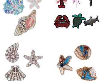 Beaded Sea Star Conch Patches  Sew on Decorative Badges Handmade Pearls Emblem Sequin Applique
