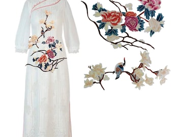 Long Peony Flower Motif Applique Women Dress Patches Embellishment Sew on Clothing Decorated 1set