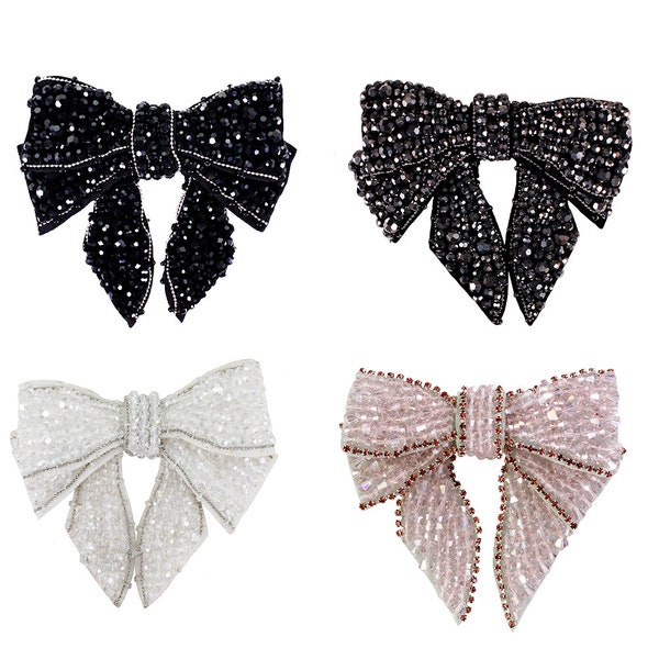 Beaded Bowknot Design Patches Applique Badges for DIY Clothes Collar Tie Shoes Brooches Headband Decorated 1piece