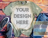 Bleached Gildan Softstyle Heather Military Green 64000 Shirt Mock-up Wood background Shirt Mock-up, DIGITAL FILE ONLY