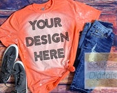 Bleached Gildan Softstyle Heather Orange 64000 Shirt Mock-up Wood background Shirt Mock-up, DIGITAL FILE ONLY