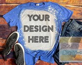 Bleached Gildan Softstyle Heather Royal 64000 Shirt Mock-up Wood background Shirt Mock-up, DIGITAL FILE ONLY