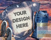 Bleached Gildan Softstyle Heather Navy 64000 Shirt Mock-up Wood background Shirt Mock-up, DIGITAL FILE ONLY