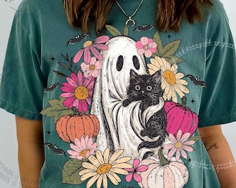 Camiseta de Halloween, camiseta vintage floral con diseño de gato fantasma y calabaza, camiseta retro con ambiente otoñal, camiseta de gato negro de Halloween, camiseta Comfort Colors® Spooky Season