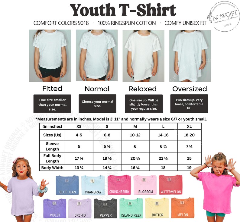 Puede incluir: Camisetas blancas para j&oacute;venes en estilos ajustados, normales, relajados y de gran tama&ntilde;o. La imagen incluye una tabla de tallas con medidas en pulgadas para las tallas XS a XL. Las camisetas est&aacute;n hechas de 100% algod&oacute;n ringspun.