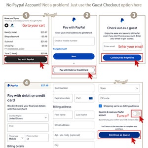 May include: A screenshot of a website checkout process with four steps. The first step shows a shopping cart with a total of $27.68. The second step shows a form to pay with PayPal. The third step shows a form to check out as a guest. The fourth step shows a form to pay with a debit or credit card. The website is designed with a light brown background and a white text.