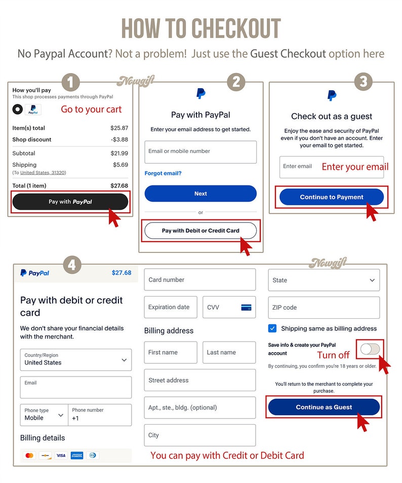 May include: A screenshot of a website checkout process with four steps. The first step shows a shopping cart with a total of $27.68. The second step shows a form to pay with PayPal. The third step shows a form to check out as a guest. The fourth step shows a form to pay with a debit or credit card. The website is designed with a light brown background and a white text.