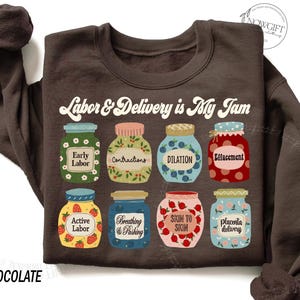 May include: A dark chocolate brown sweatshirt with the text "Labor & Delivery is My Jam" printed on the front. The text is surrounded by illustrations of jars of jam with different labels, such as "Early Labor", "Contractions", "Dilation", "Effacement", "Active Labor", "Breathing & Pushing", "Skin to Skin", and "Placenta Delivery".